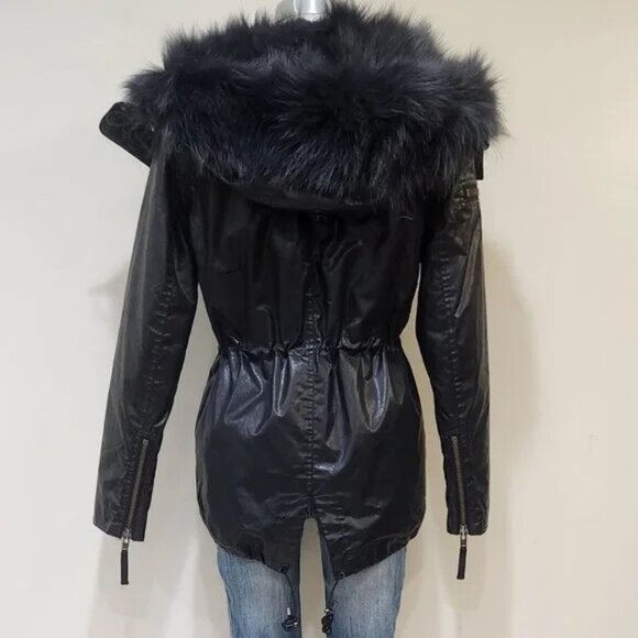 💥STUNNING!💥SAM. VTG 100% SILVER FOX FUR HOOD/PARTiAL LINING/TRIM BLACK PARKA - Picture 8 of 16